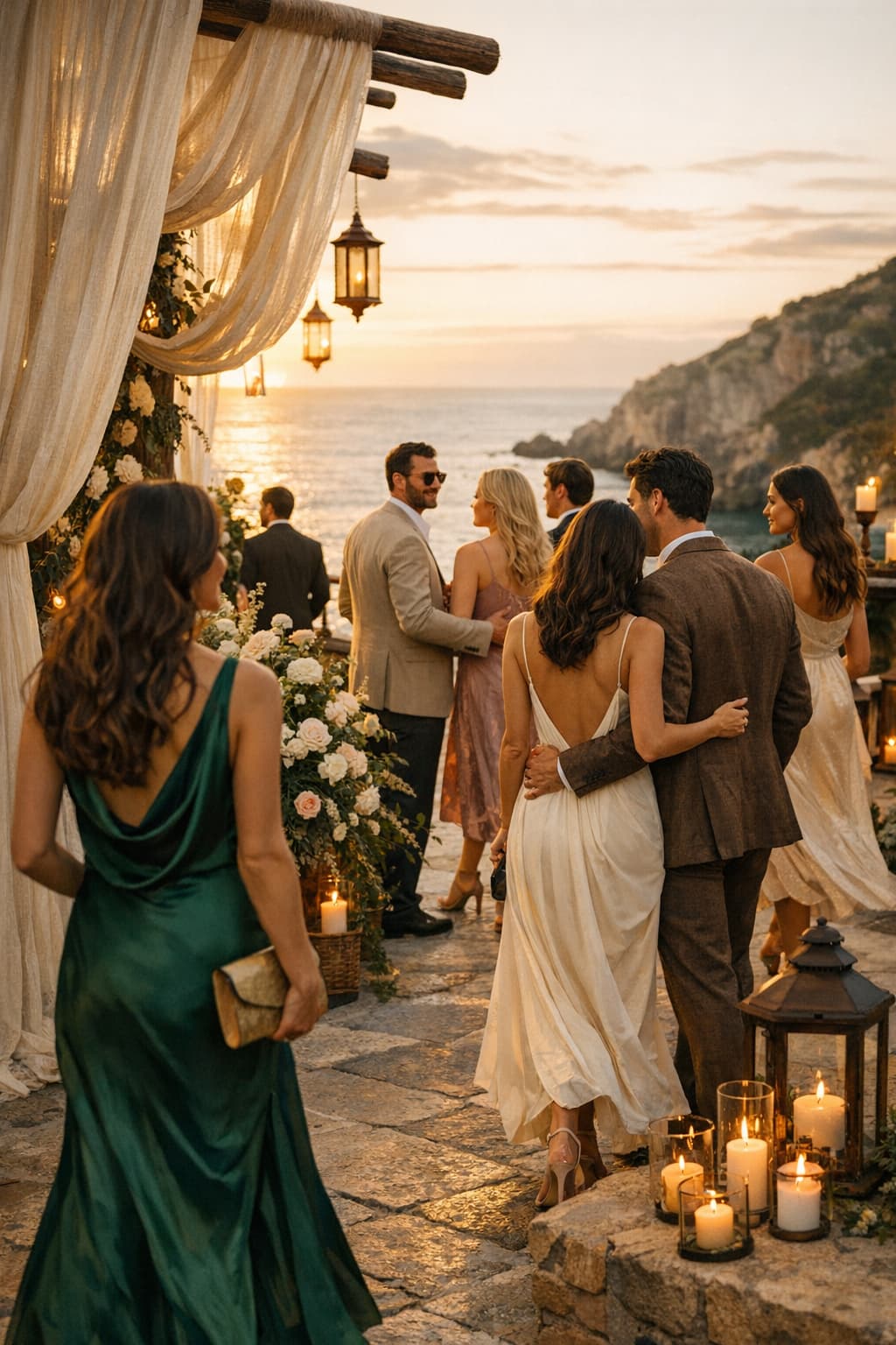 Luxury destination event group travel scene at golden hour — cinematic editorial style for Soiree & Away