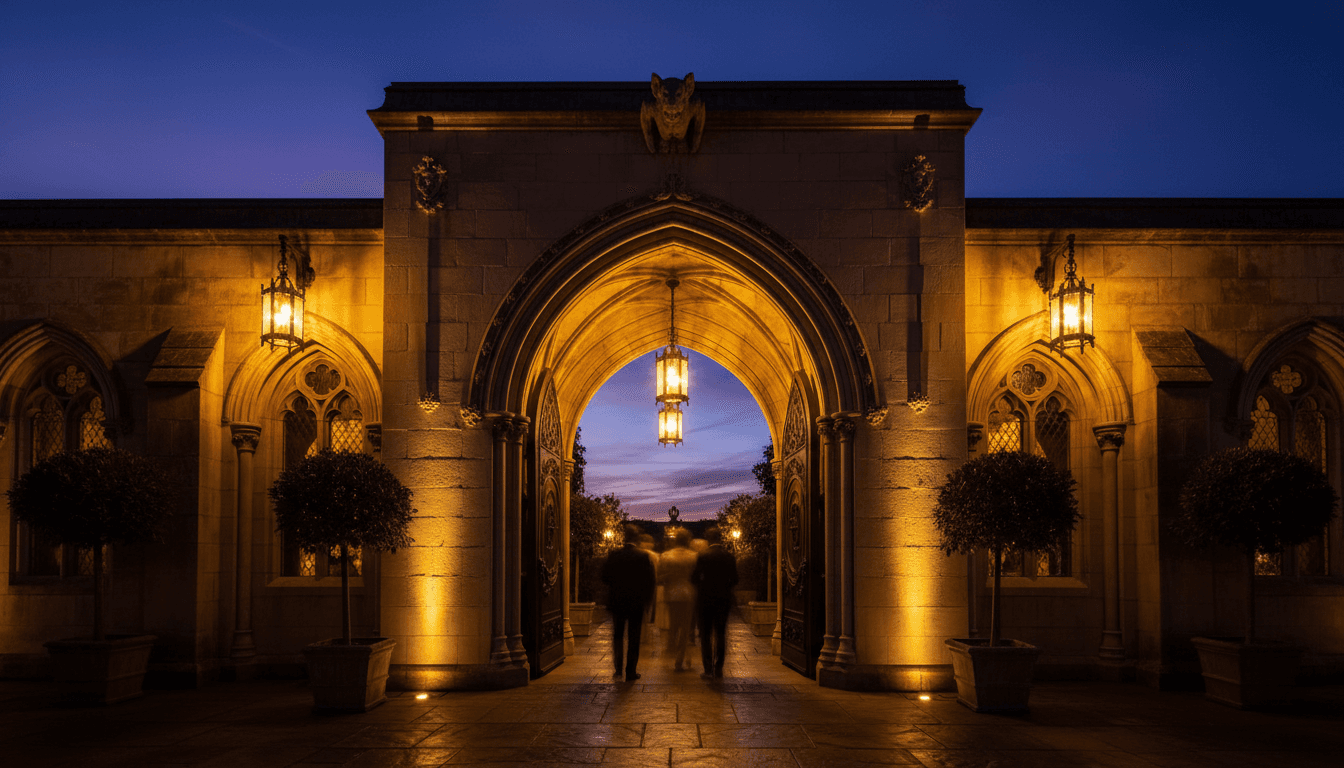 Illuminated venue entrance with ambient lighting and architectural detail