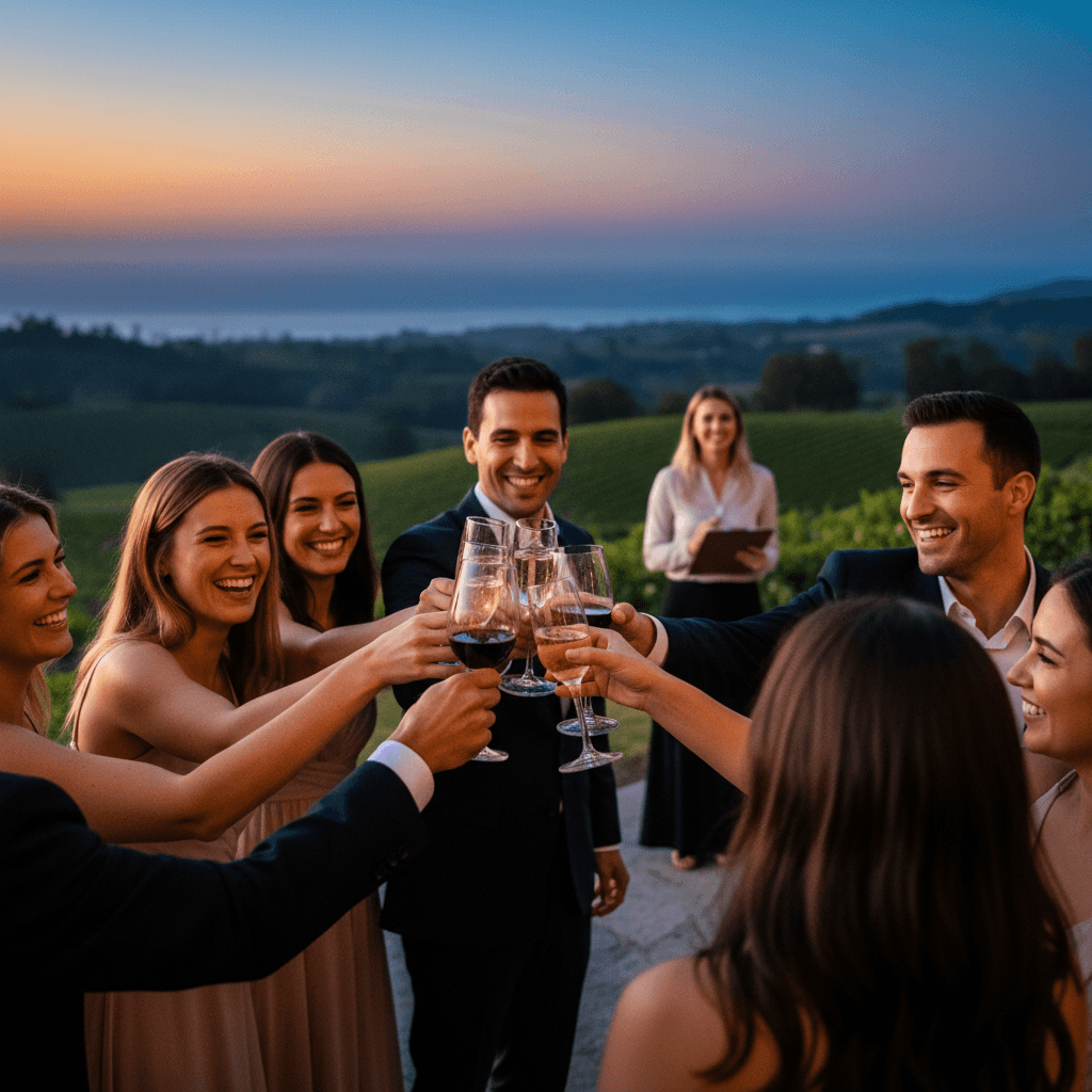 Group of guests celebrating and toasting at a Santa Barbara event