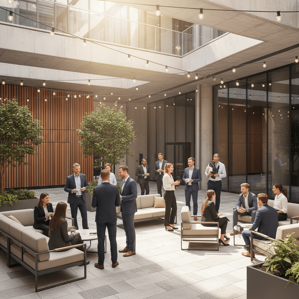 Corporate group gathering in courtyard