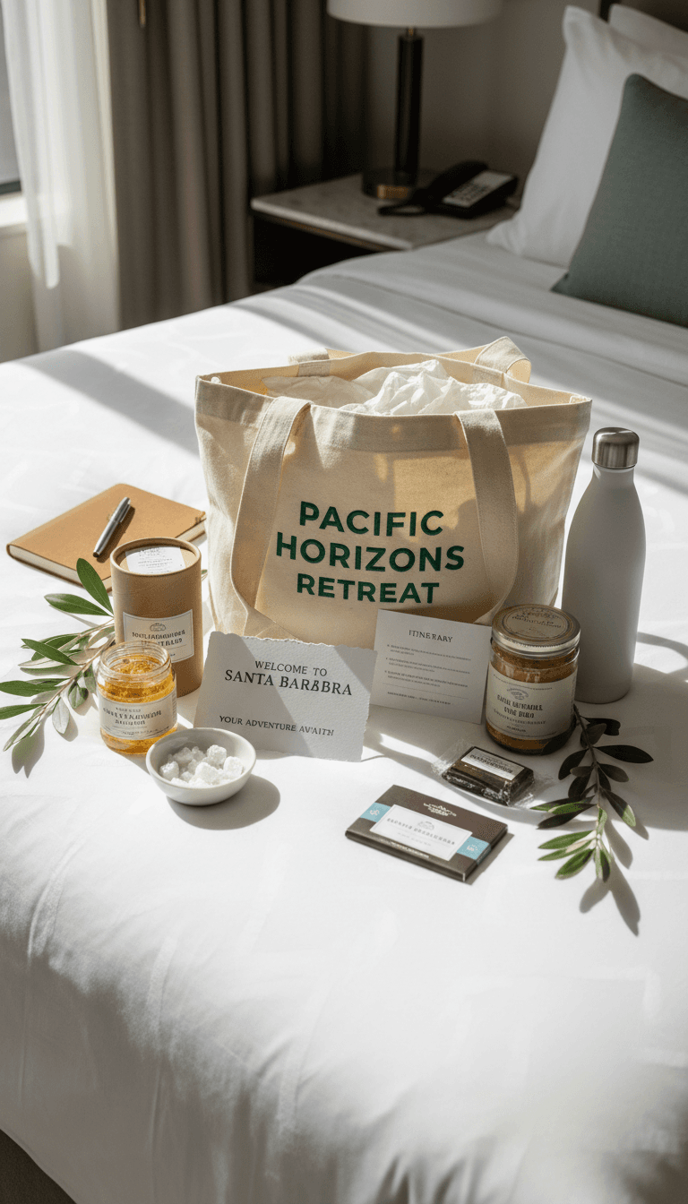 Curated corporate retreat welcome package with Santa Barbara touches