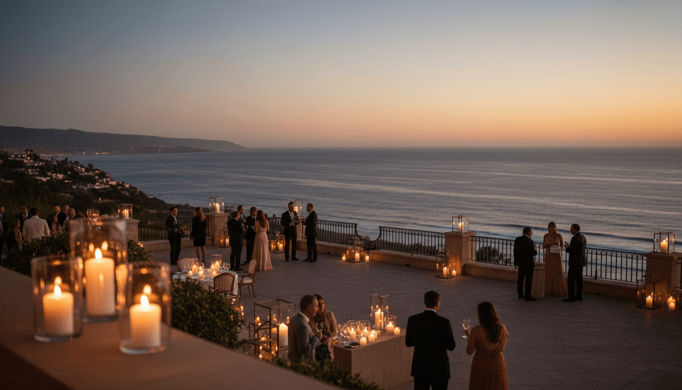 Elegant sunset gathering on a Santa Barbara terrace overlooking the coast