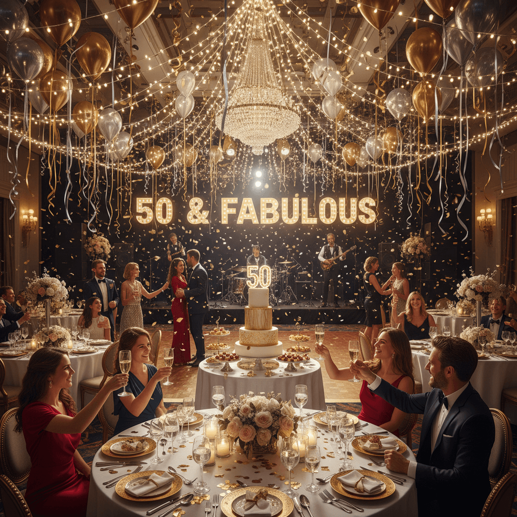 Milestone birthday celebration with elegantly decorated venue and gathering of guests