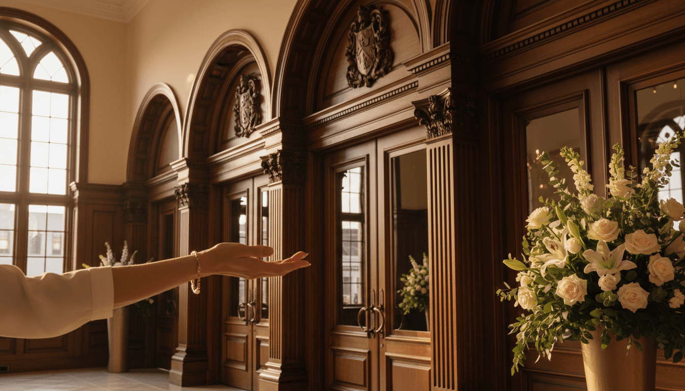 Hand presenting an elegant Santa Barbara venue with arched wooden doorways