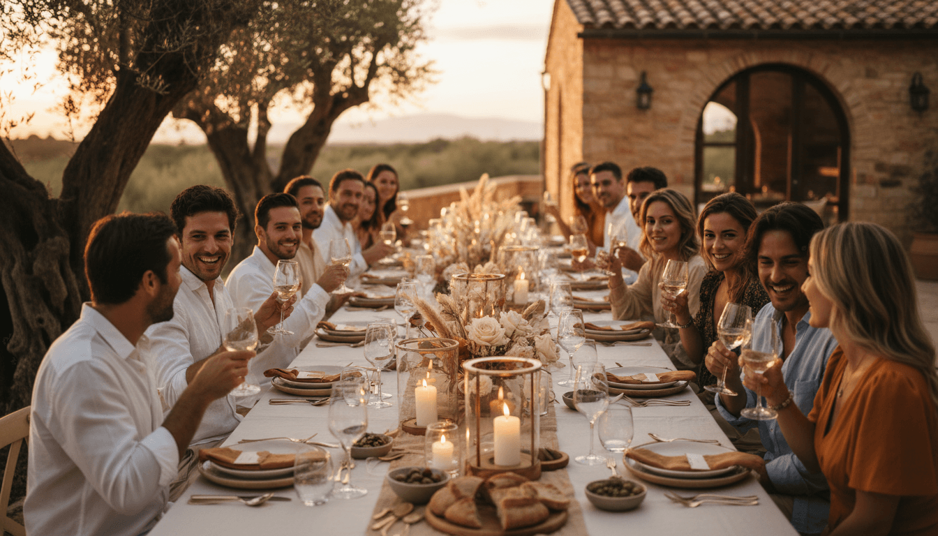 Group of guests gathered around an outdoor dinner table at sunset