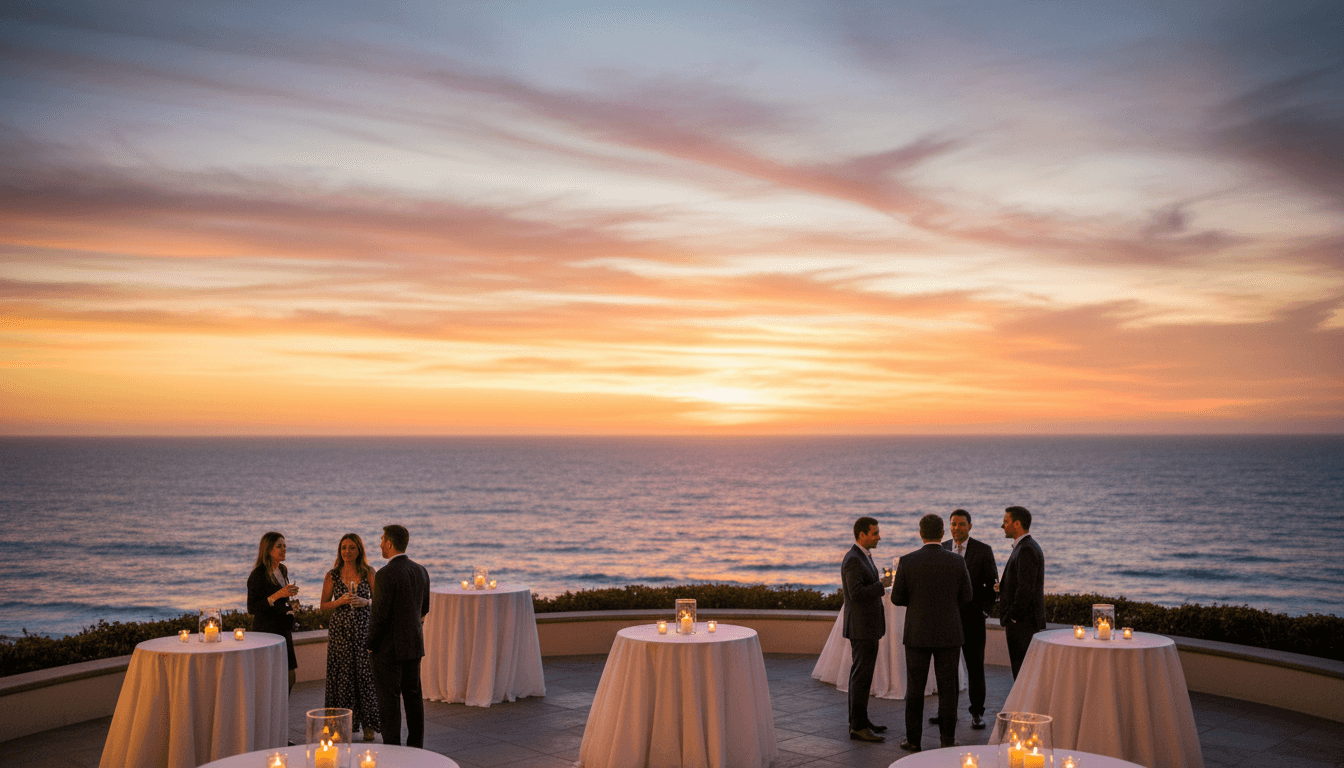 Santa Barbara coastal venue at sunset with elegant outdoor setup overlooking the Pacific Ocean