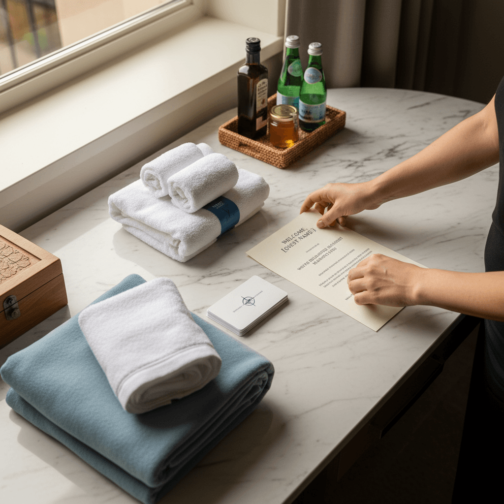 Travel coordinator arranging luxury hotel welcome amenities and room details for guests