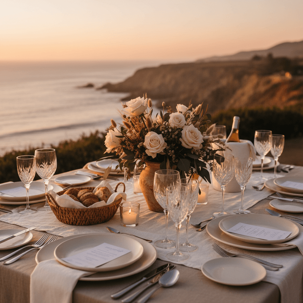 Elegant outdoor dinner table with Santa Barbara coastal views at sunset