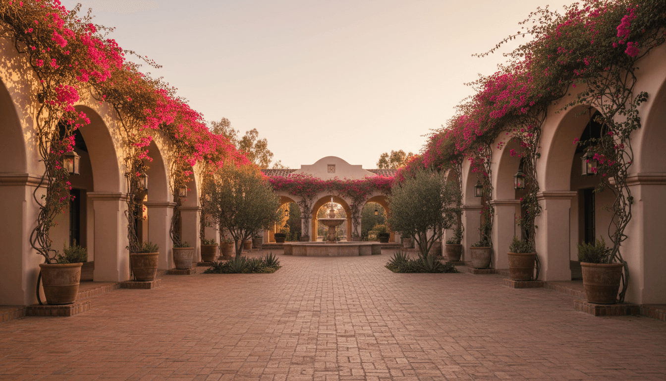 Elegant outdoor venue in Santa Barbara with arched architecture and flowering gardens