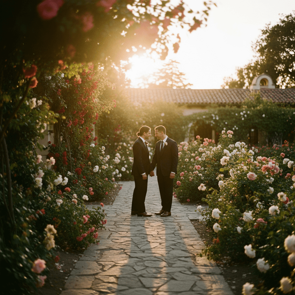 Couple walking through garden venue