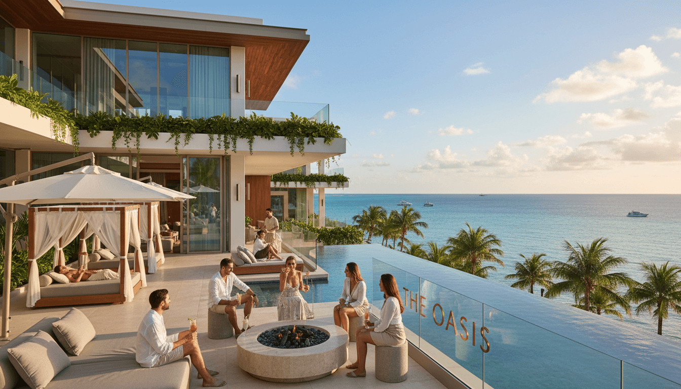 group of travelers relaxing at luxury resort destination with ocean view and modern architecture