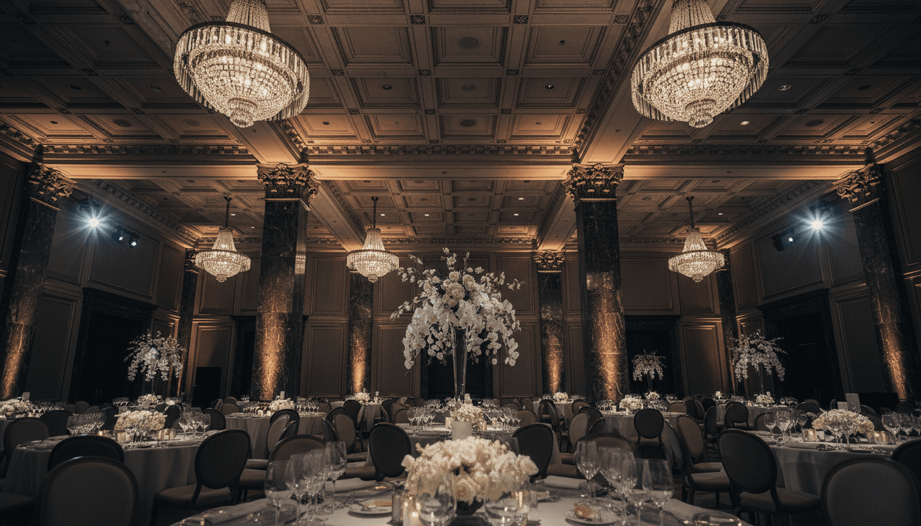 Luxury ballroom with crystal chandeliers and marble architecture