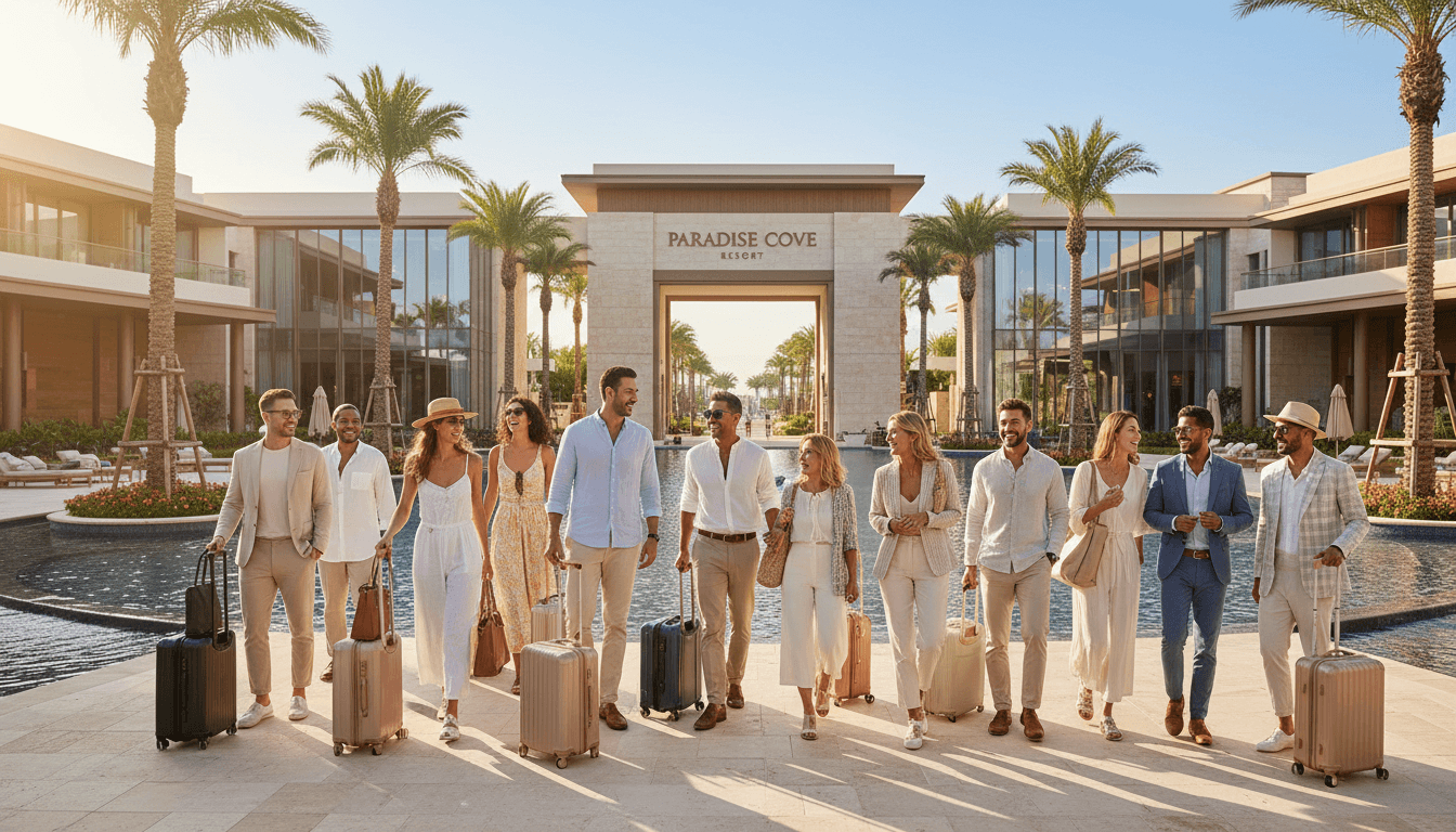 Group of guests arriving excited at a destination venue