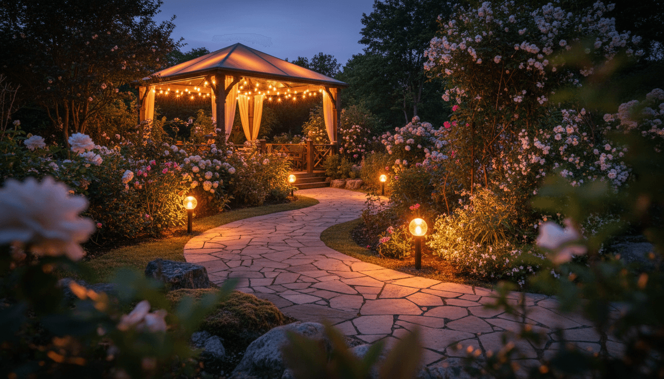 Garden pathway with ambient lighting and flowering plants leading to pavilion