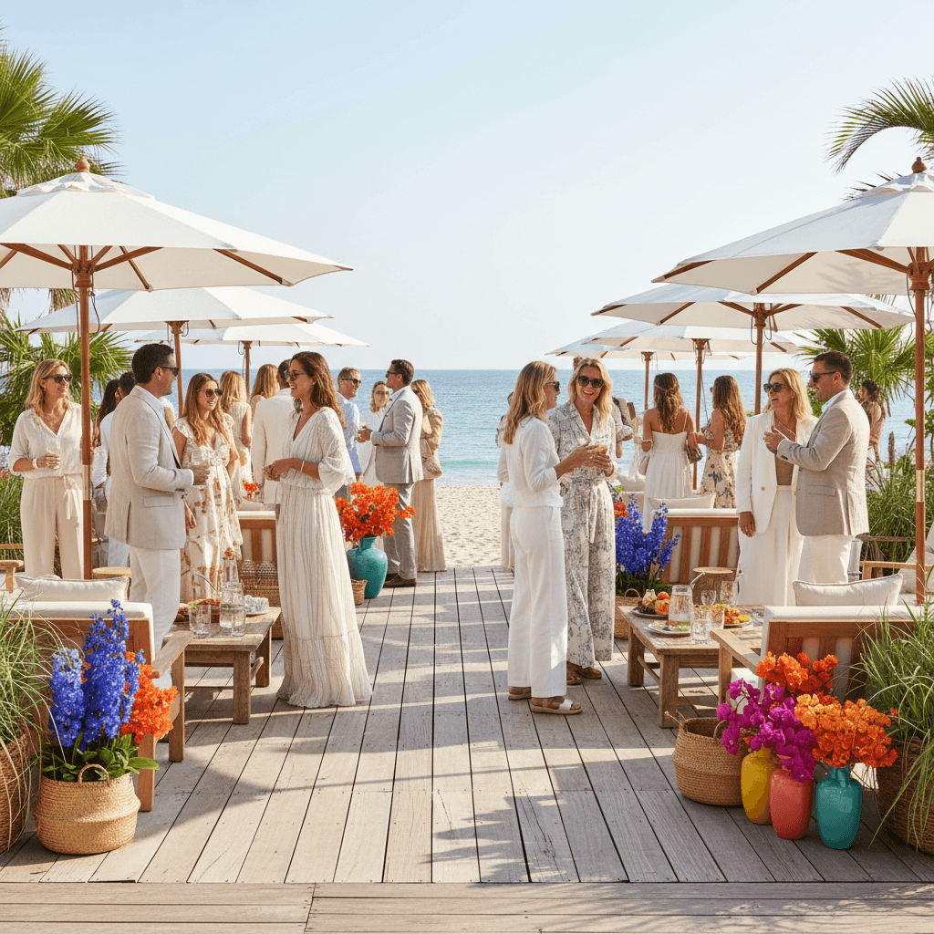 Beachfront venue with guests enjoying open-air gathering