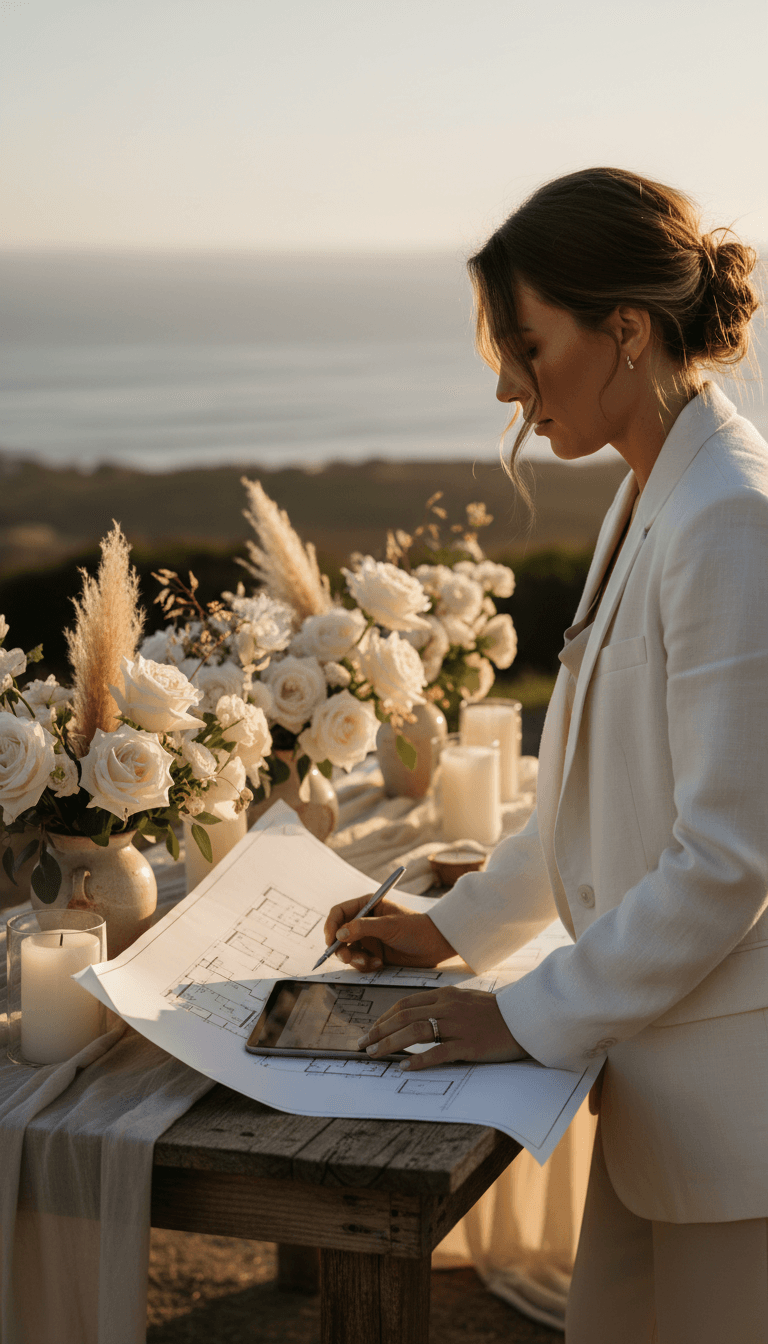 Event coordinator reviewing Santa Barbara venue details with ocean views
