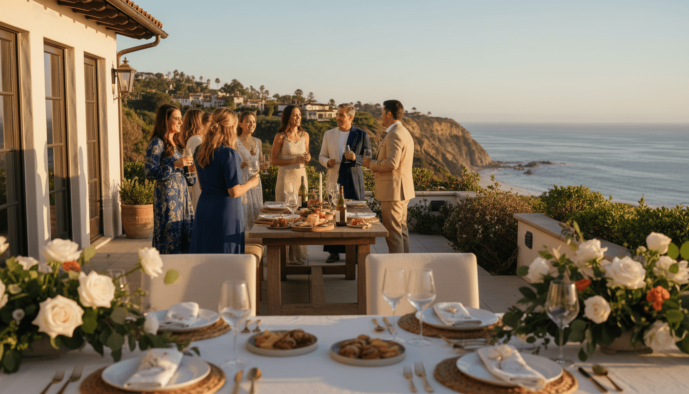 Group of guests enjoying an elegant gathering on a Santa Barbara terrace overlooking the Pacific coast