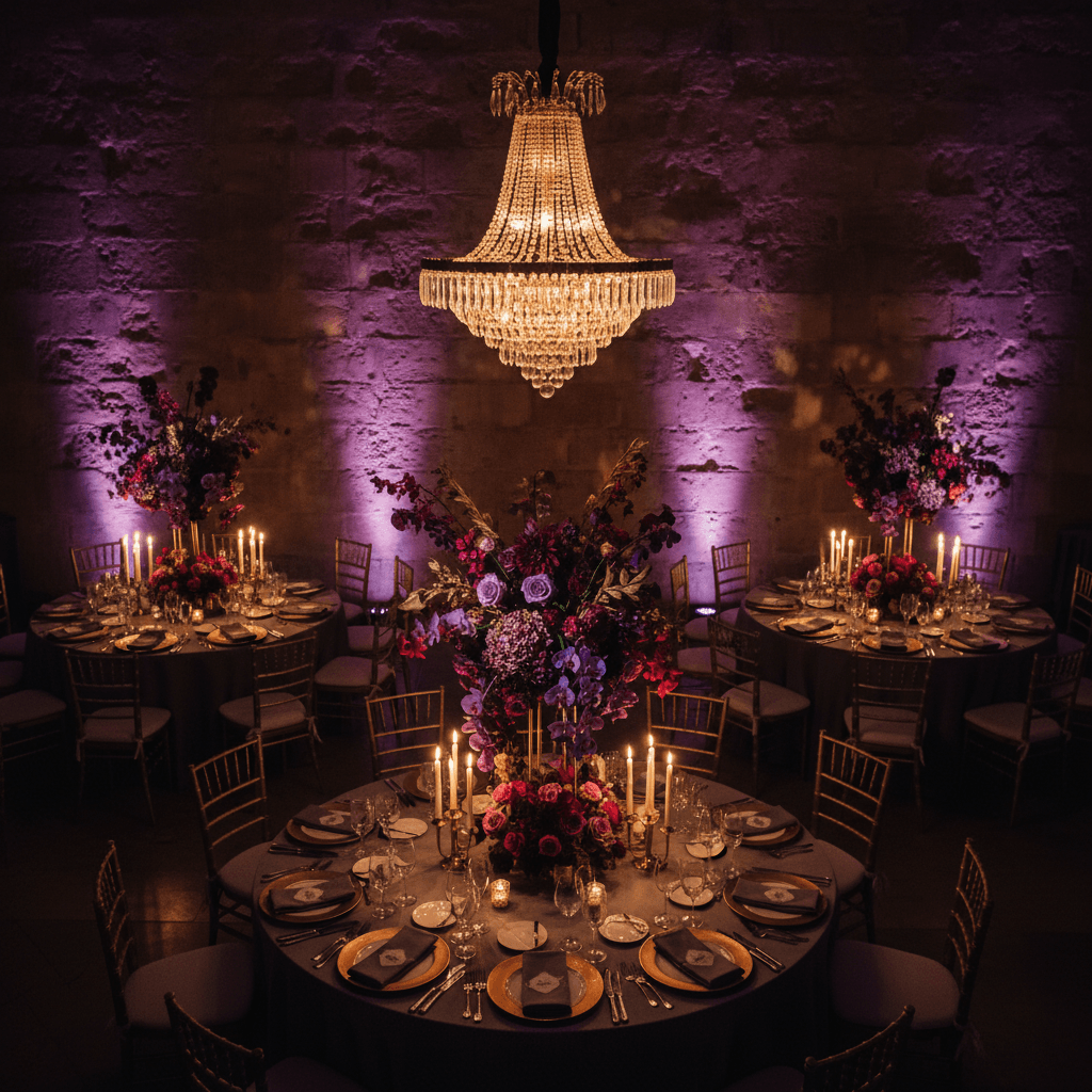 Dramatic evening reception hall with luxury lighting design