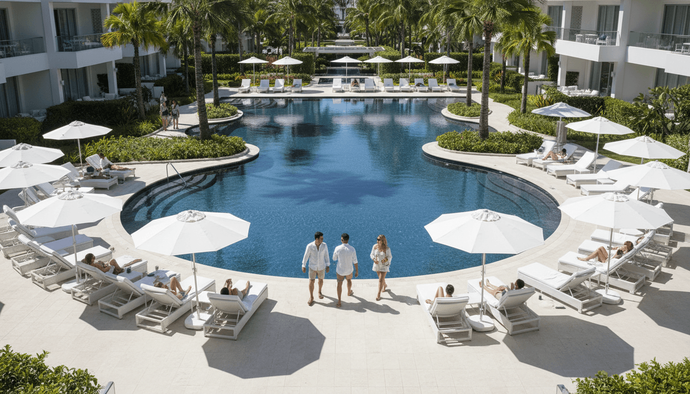 Resort-style pool area with guests enjoying outdoor spaces