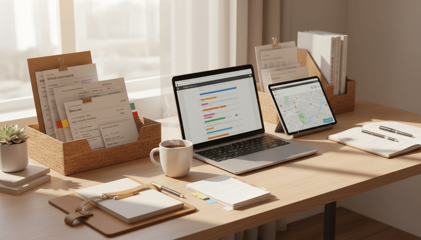Organized workspace showing travel documents and guest itineraries