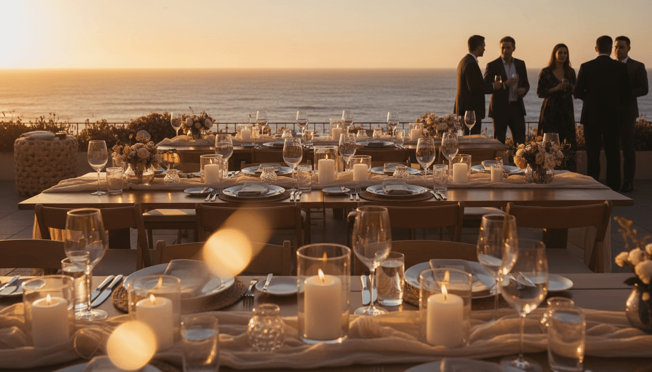 Elegant sunset terrace overlooking the Pacific with candlelit tables at a Santa Barbara venue