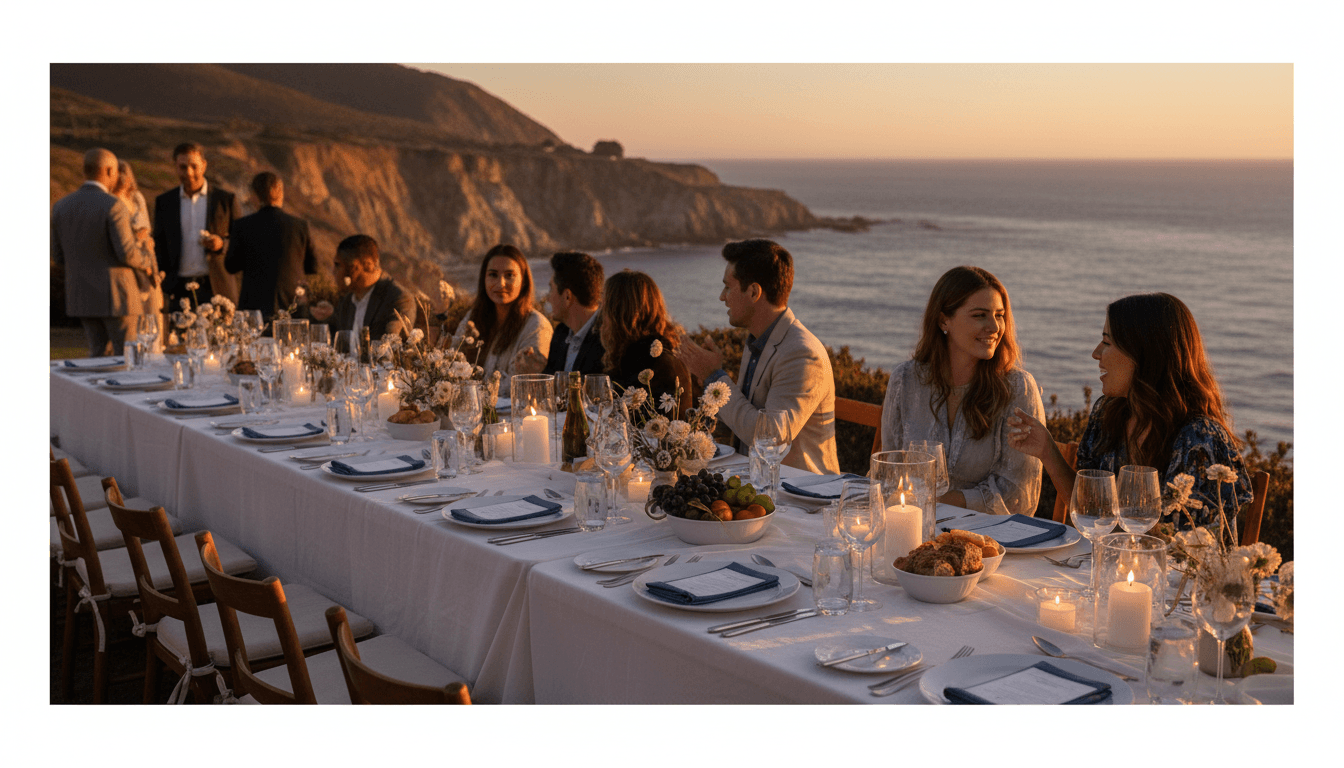 Elegant outdoor dinner table with ocean view at sunset