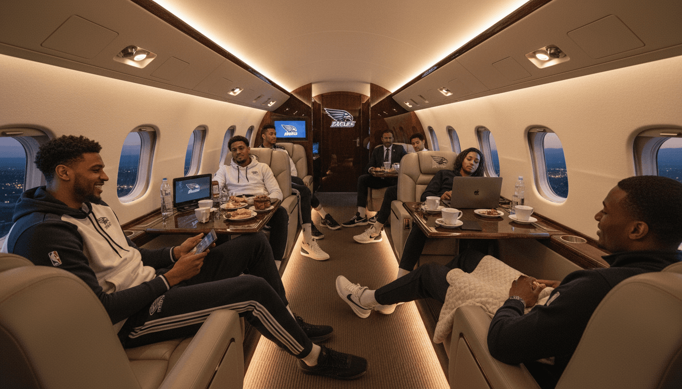 Private plane with sports team, warm lighting, modern interior.