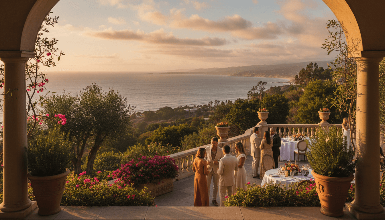 Santa Barbara coastal terrace with guests enjoying evening event overlooking the ocean