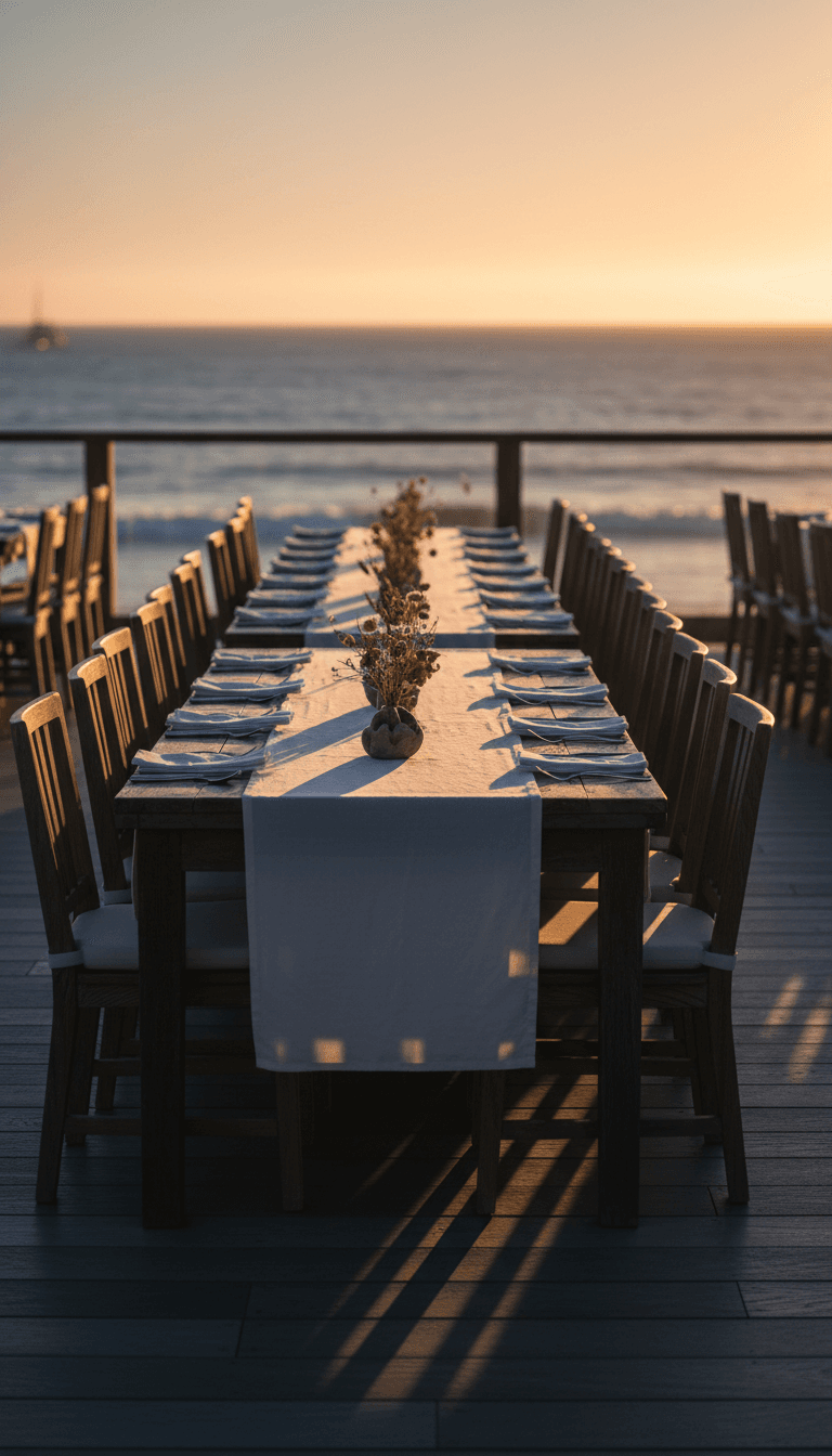 Beachfront terrace dining setup at sunset