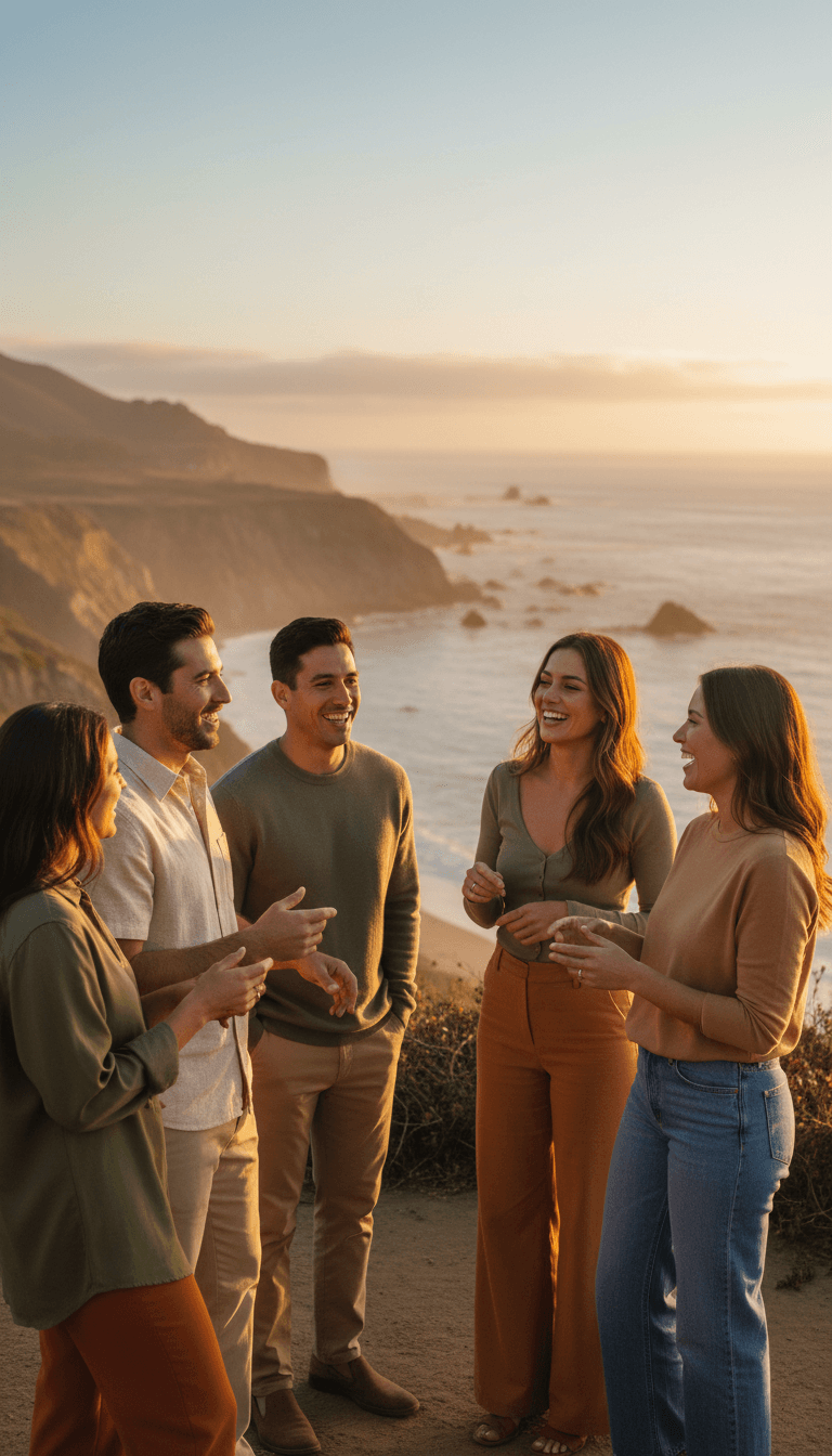 Diverse group of adults enjoying a scenic Santa Barbara coastal moment together
