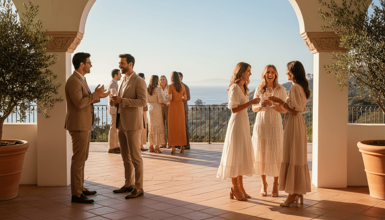 Group of guests enjoying wine and conversation on a coastal Santa Barbara terrace with ocean views