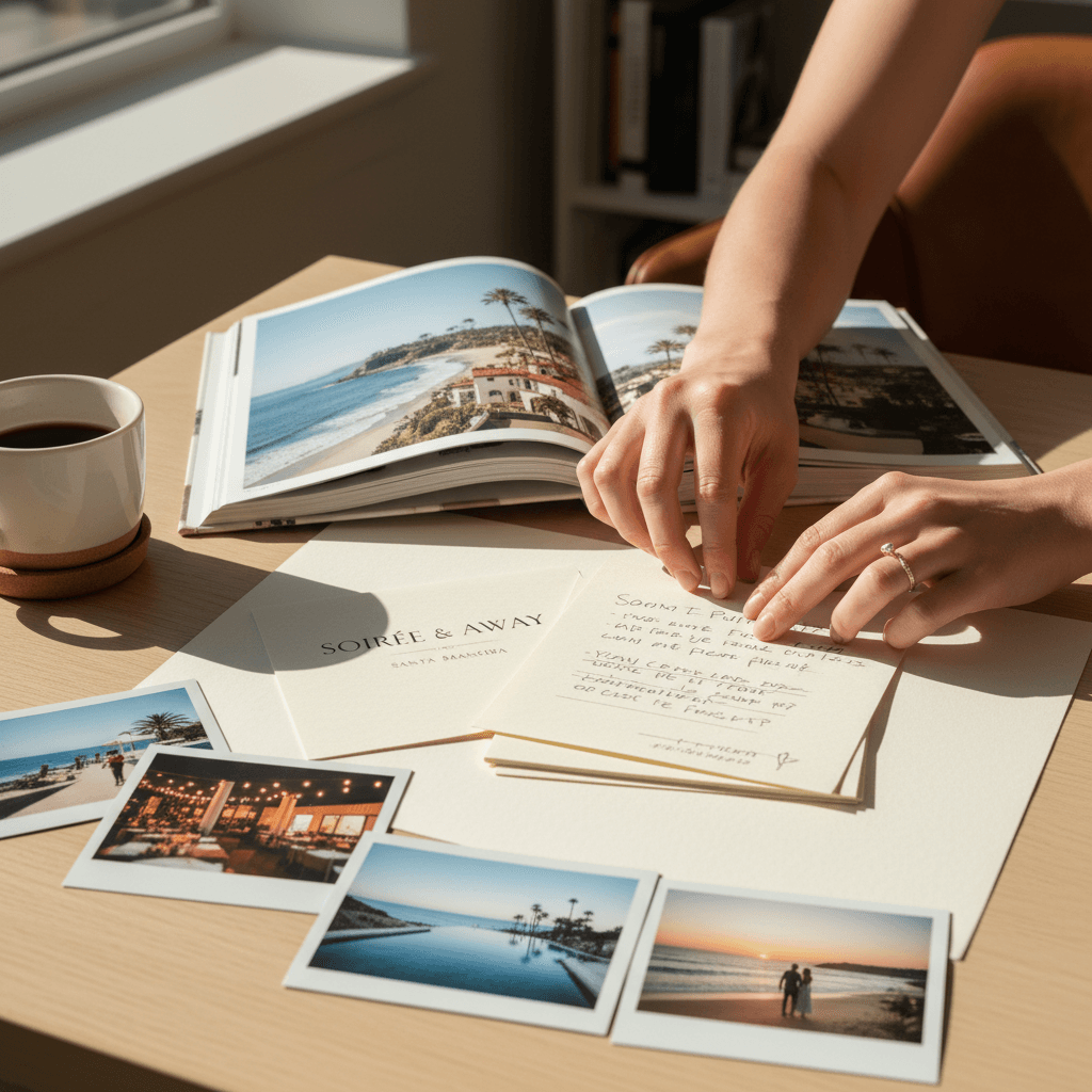 Soirée & Away travel planning workspace with Santa Barbara destination guides and event coordination materials