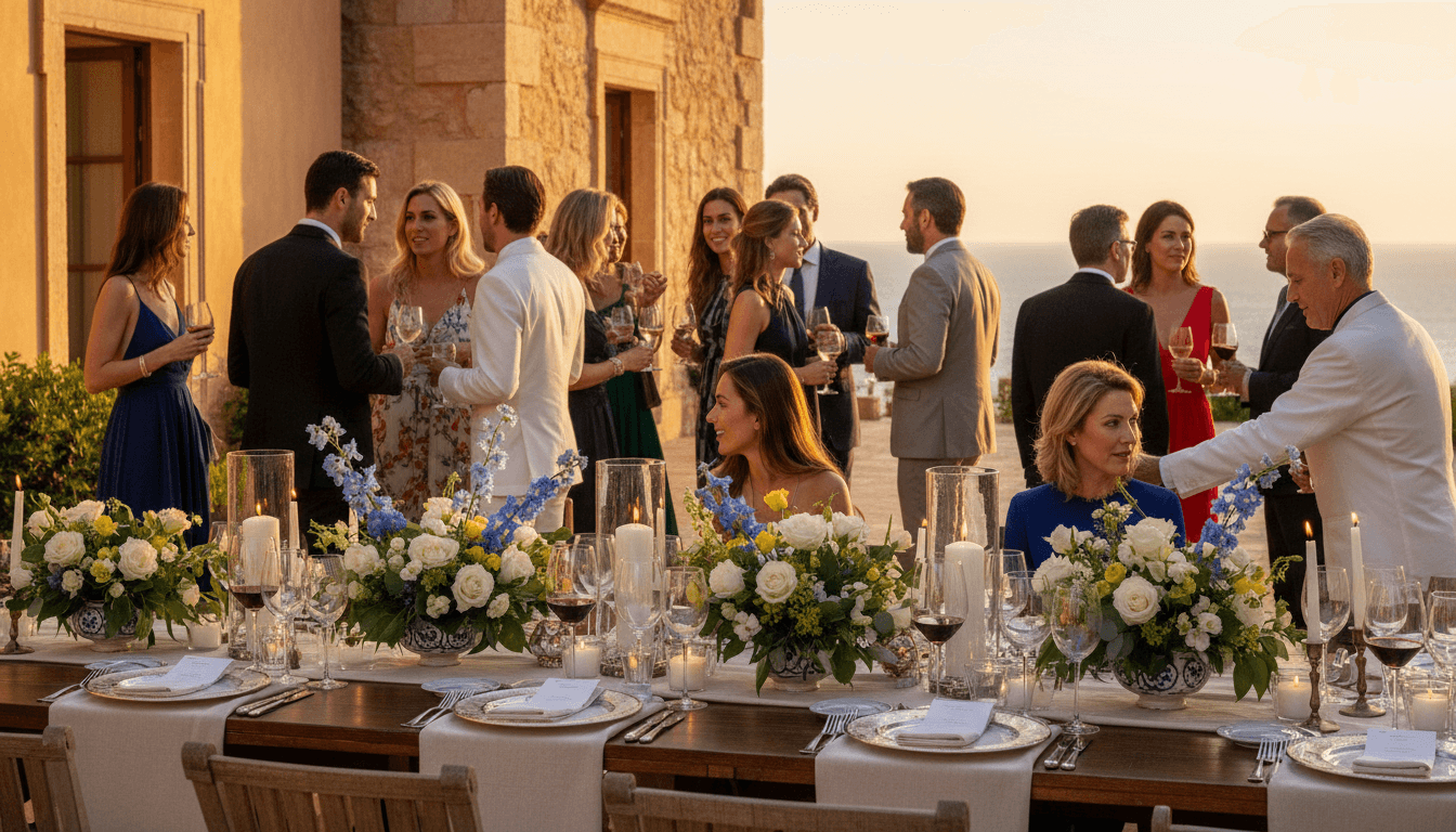 Elegant group gathering at a luxury destination with sunset views and personalized service