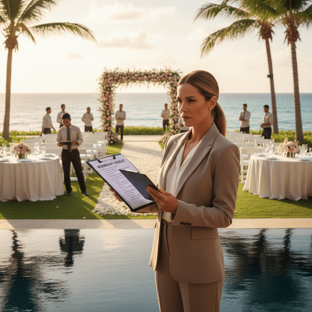 Professional coordinator managing wedding day details