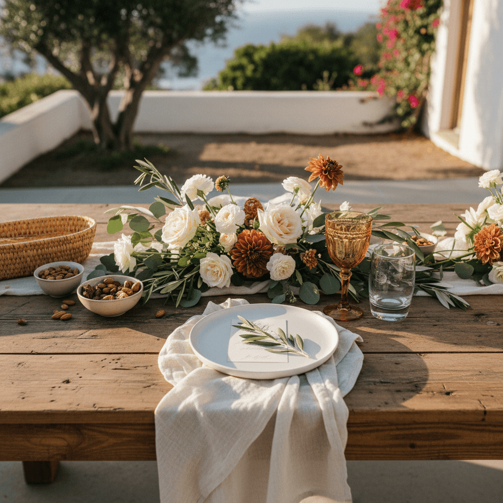 Elegant Santa Barbara wedding table setting with fresh flowers and linen details