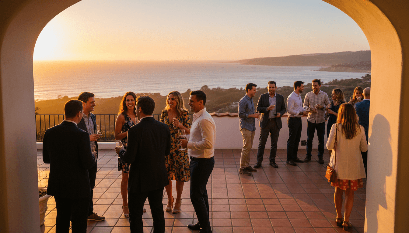 Group of guests enjoying a coastal Santa Barbara terrace at golden hour with ocean views