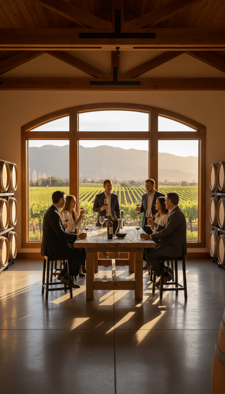 Corporate group wine tasting at a Santa Barbara vineyard