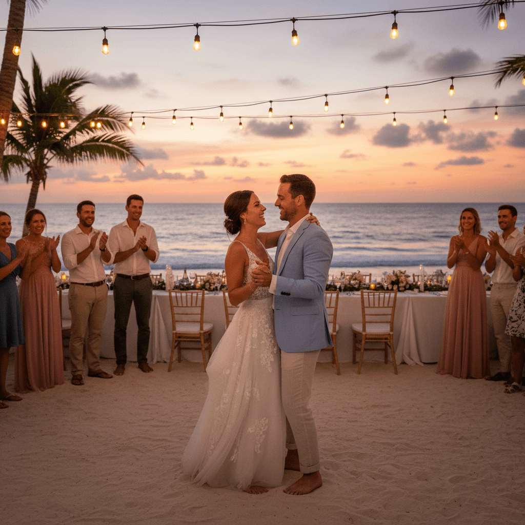 Couple dancing at beachside wedding reception under warm string lights with ocean view