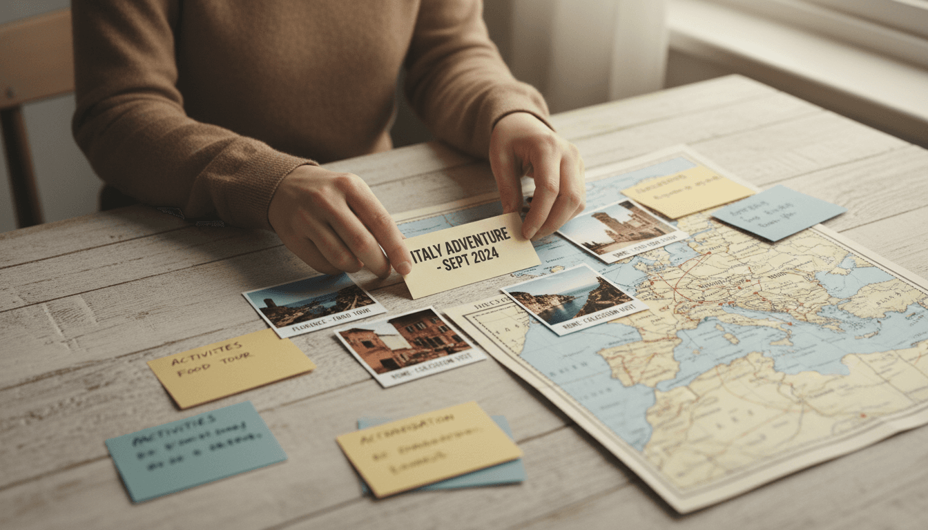 Hands arranging printed itinerary cards and travel photos on wooden table