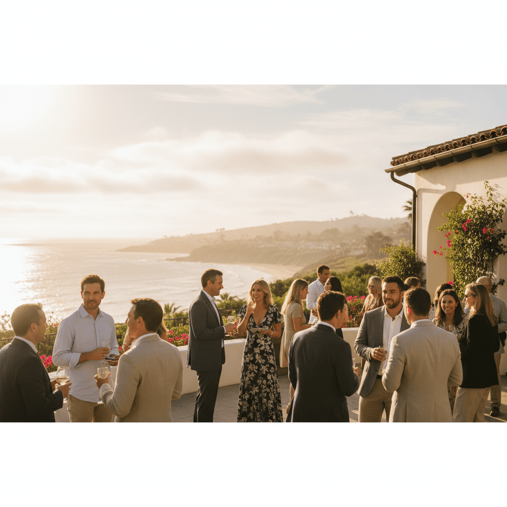 Group of guests enjoying cocktails on a Santa Barbara oceanview patio