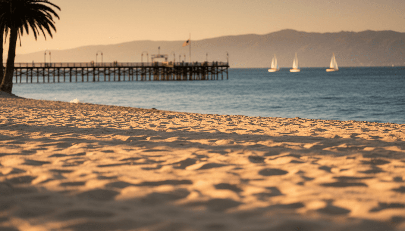 Santa Barbara coastal pier at golden hour with sailboats and palm trees