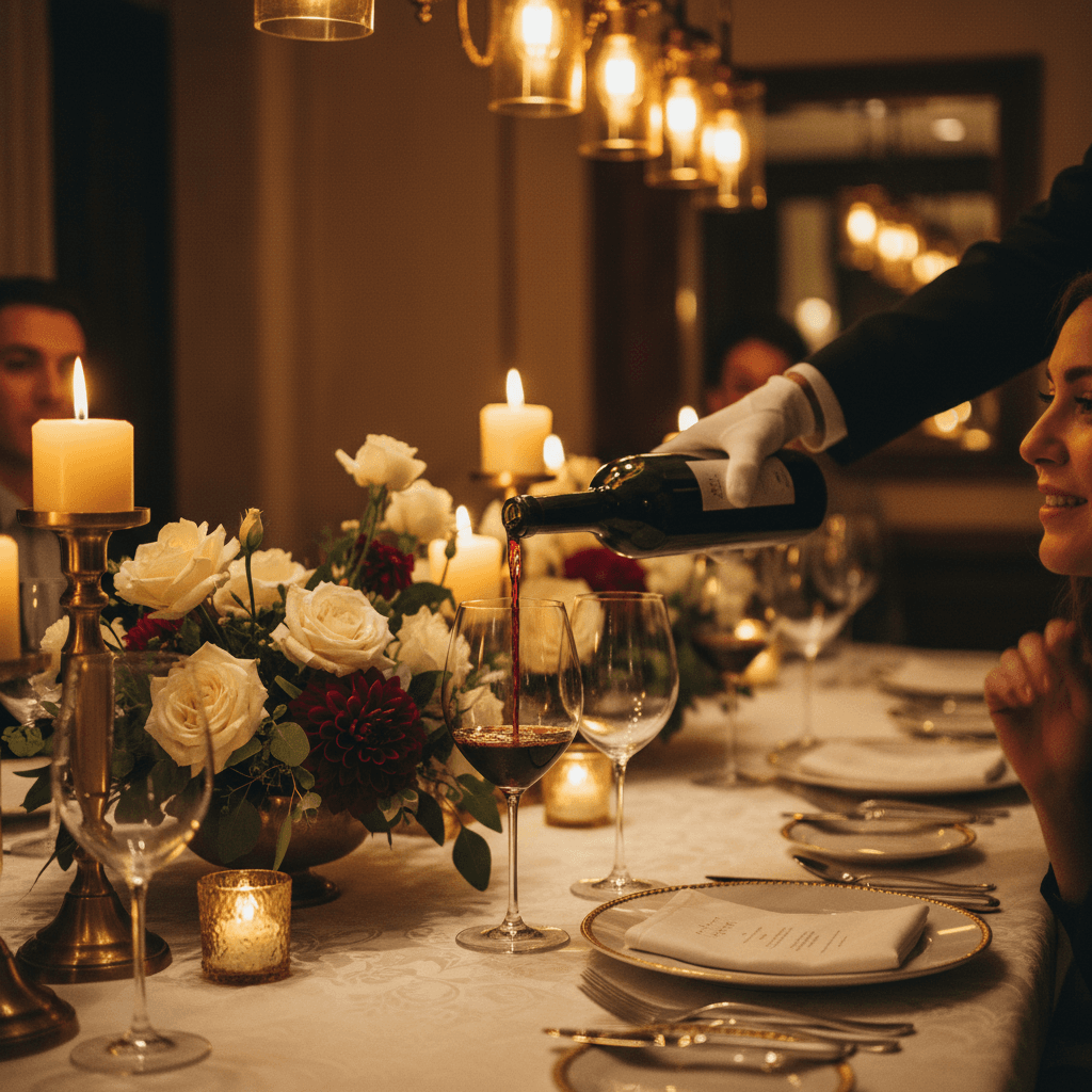 Server providing attentive service at a private dinner