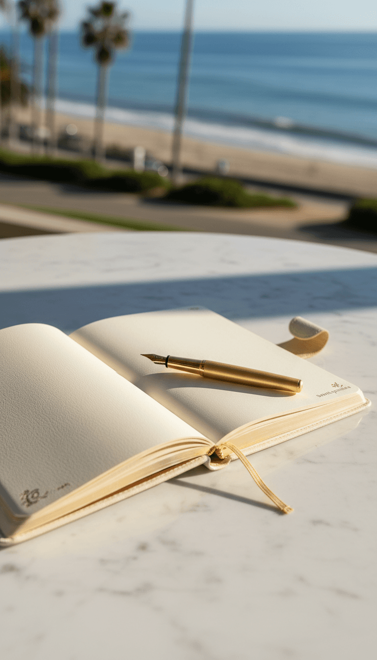 Elegant travel planning journal with pen on marble surface