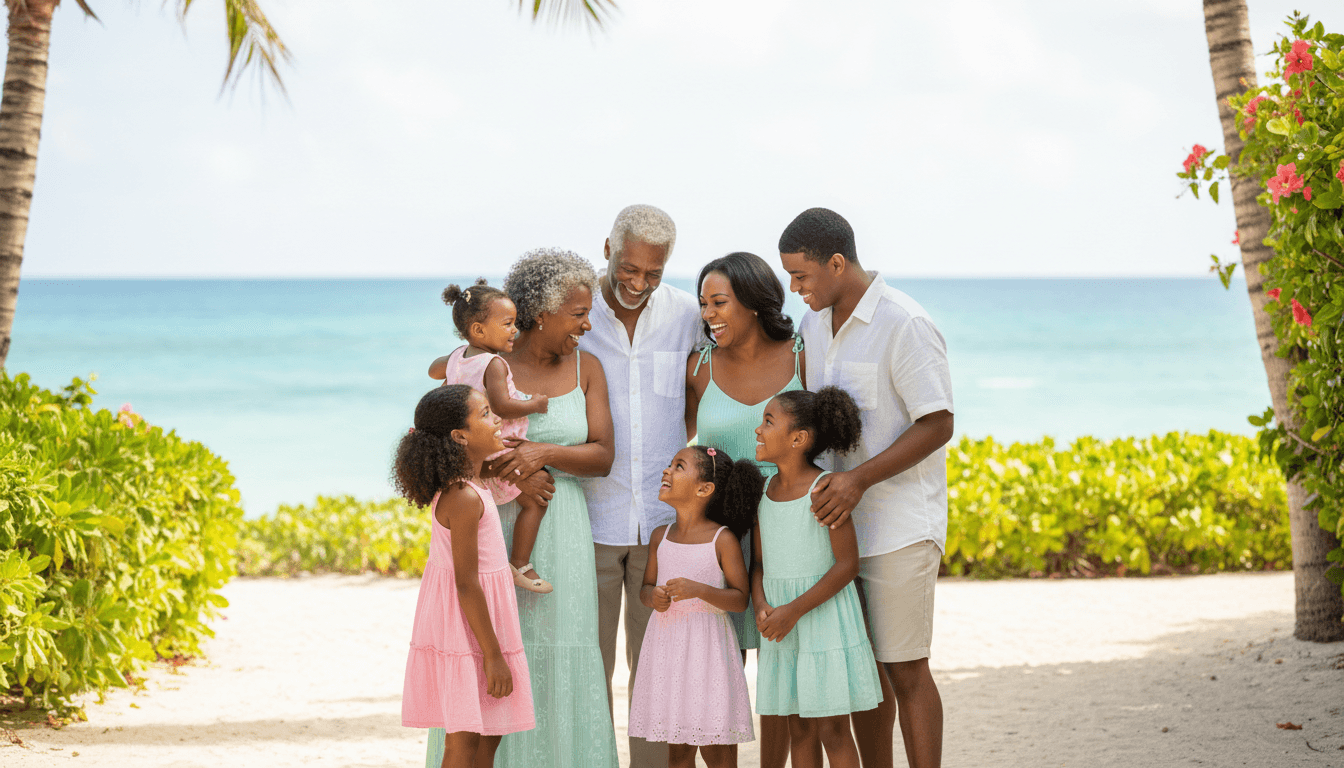 African American multi-generational family smiling on vacation in a sunny outdoor setting.