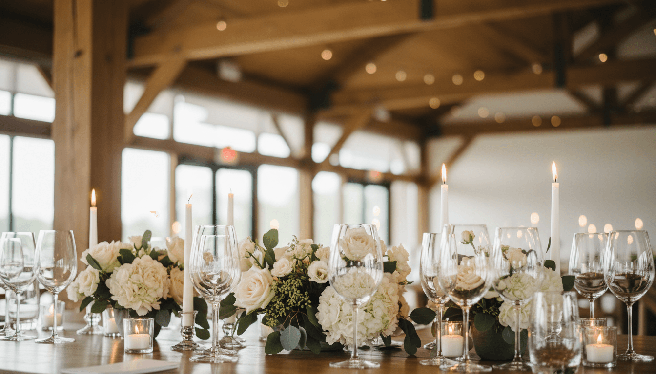 Detail of floral arrangement and glassware on cocktail table with wooden beams above