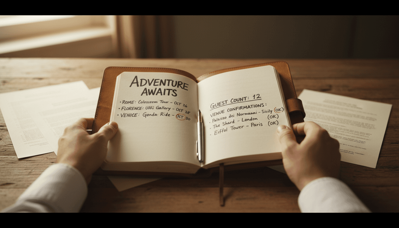 Travel coordinator's hands holding detailed event planning notes and itinerary materials