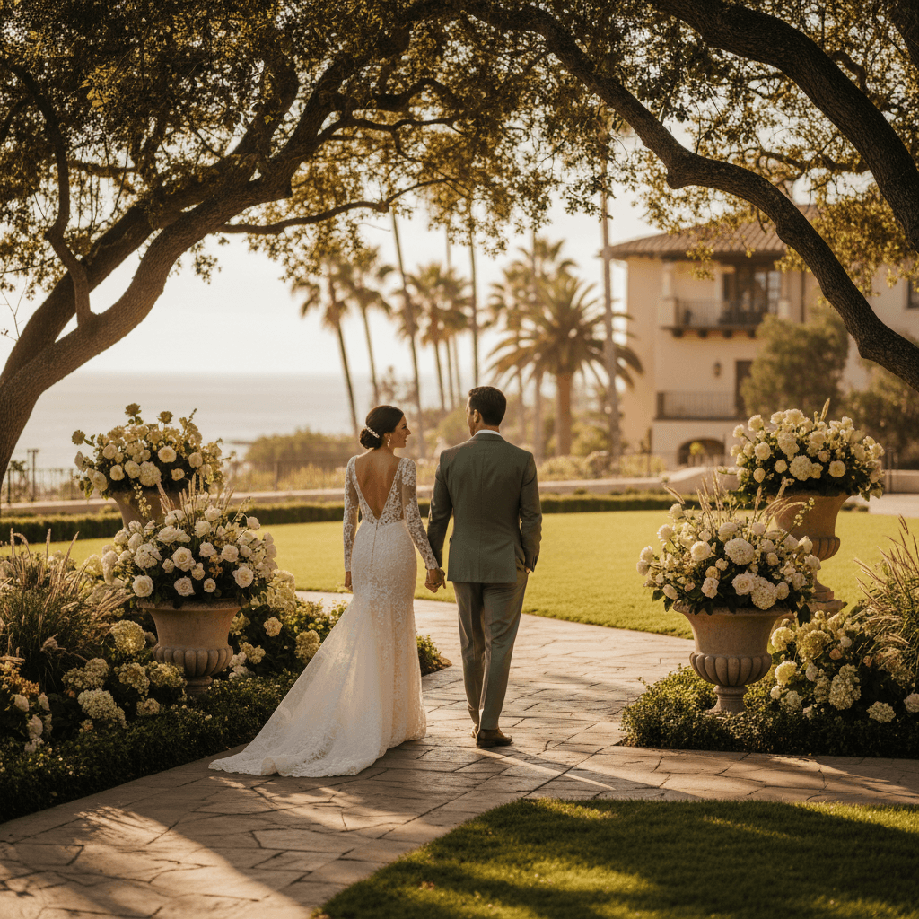 Bride and groom walking through elegant Santa Barbara wedding venue with ocean view