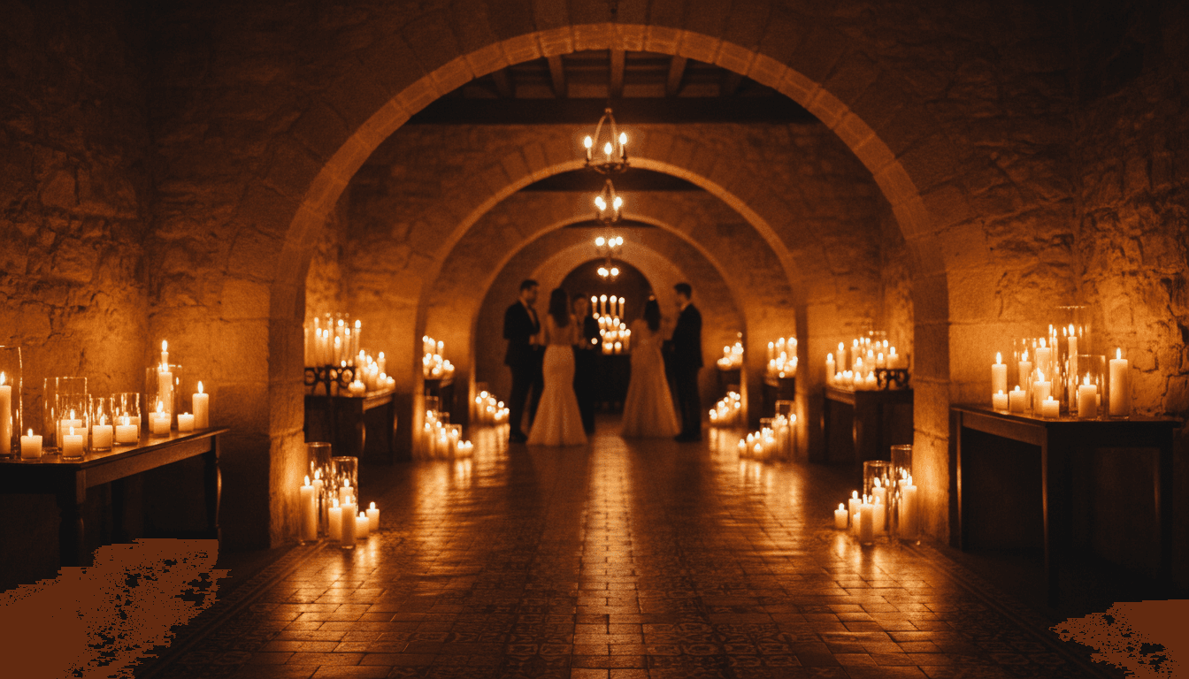 Historic manor interior with arched architecture and candlelit ambiance