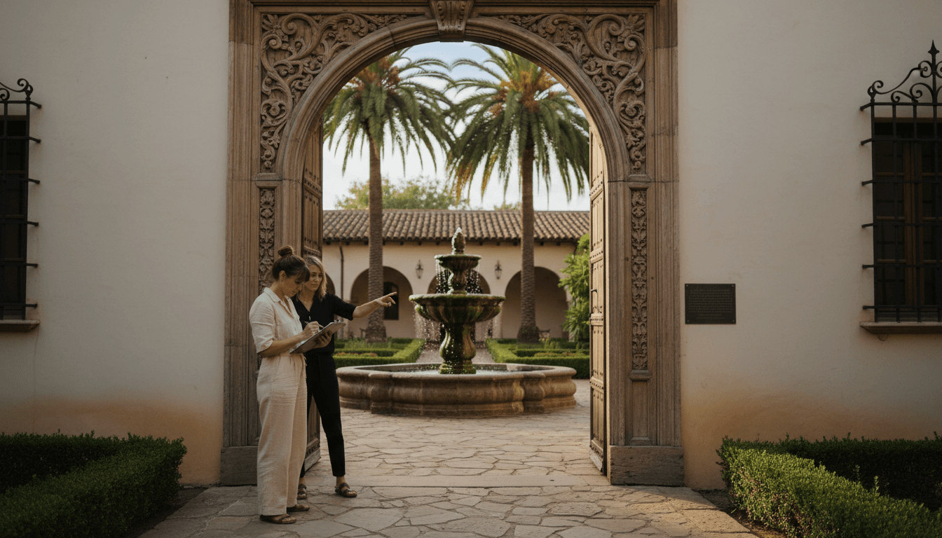 Spanish-style courtyard with arched passageway and historic architectural details