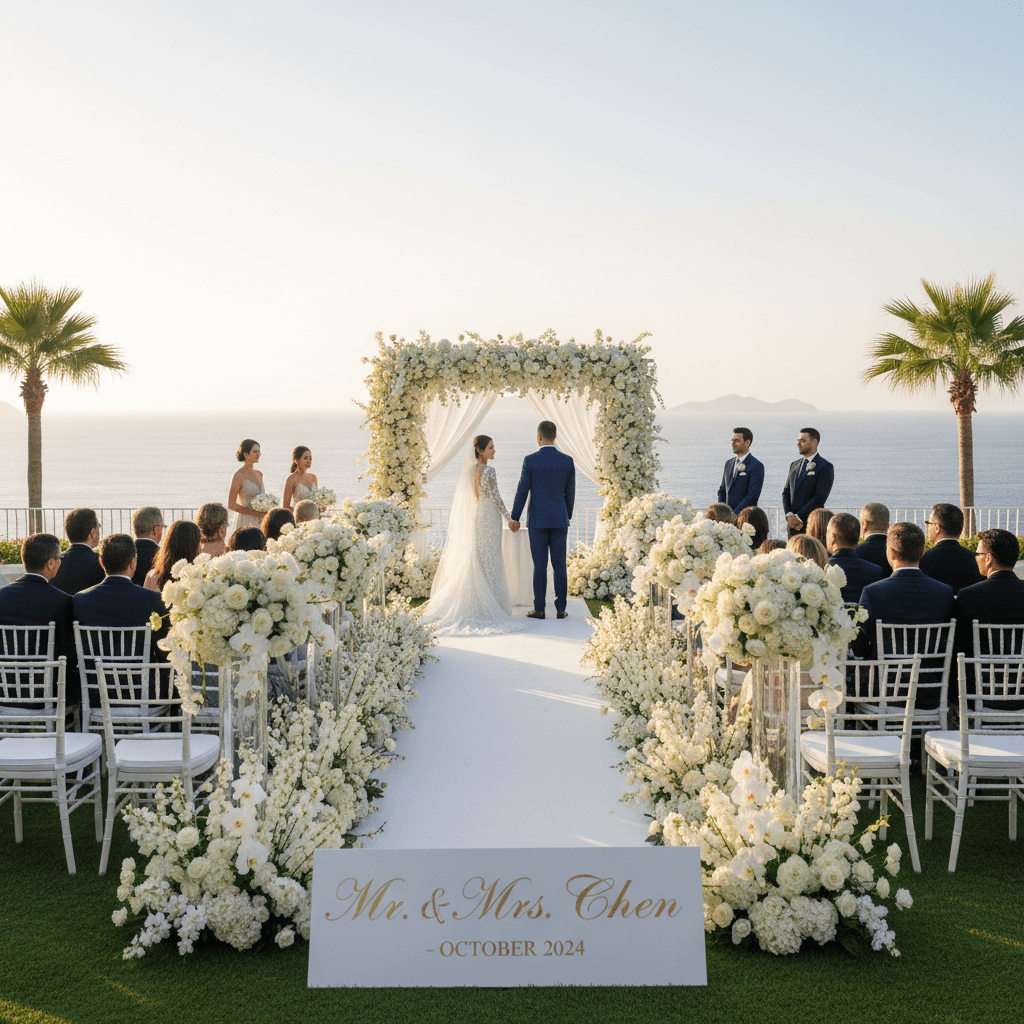 Elegant outdoor wedding ceremony at luxury resort with ocean backdrop